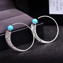 Hoop Earrings High Quality Vintage 925 Sterling Silver Turquoise Court Design Thai Gift For Women Wedding Engagement Jewellery