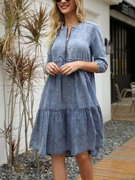 Casual Dresses Vintage Denim Dress Women Fashion Round Neck Zipper Knee-Length Ladies Three Quarter Sleeve Ruffle Summer