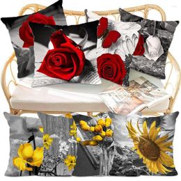 Pillow 4Pcs Rose Sunflower Throw Pillowcase Sofa Couch Red Flower Square Cover For Home Farmhouse Decoration