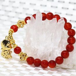 Strand 8mm Natural Red Onyx Semi-precious Stone Agat Carnelian Round Beads Bracelets Women Monkey Pendant Jewellery 7.5inch B2097