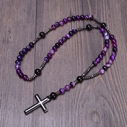 Chokers 8mm Purple Lace Agate Catholic Christ Rosary Necklaces for Women Hematite Cross Pendant Mala Jewellery Gift Wholesale Dropship 230331