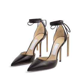 Fashion Women Sandals Pumps London ERIS 100 mm Black Gold Leather Long Tasselled Ankle Straps Pointed Toes Design Italy Popular Wedding Party Sandal High Heels EU 35-43