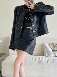 Work Dresses LY VAREY LIN Spring Autumn Women Fashion Faux Leather Two-piece Set O-neck Single Breasted Coat High Waist A-line Pu Skirts