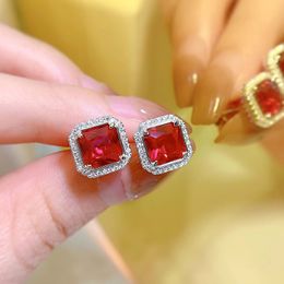 Princess cut 7mm Ruby Diamond Stud Earring 100% Real 925 sterling silver Promise Wedding Earrings for Women Party Jewelry