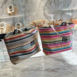 2 colors Designer Rainbow Embroidery Straw Woven Tote Bag Summer Lafite Straw Woven Beach Bags Lady High Capacity Premium Shopping Handbag