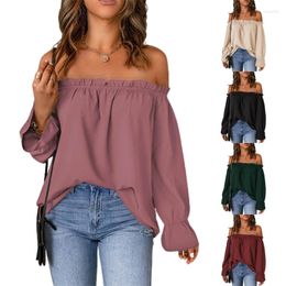 Women's Blouses Womens Elegant Flounce Long Sleeve Frill Trim Off Shoulder Tops Plain Solid Colour Casual Loose Fit Shirt Chiffon