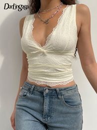 Women's Tanks Camis Darlingaga Y2K Sweet Cute V Neck Bodycon Sexy Tank Top Fashion 2000s Aesthetic Summer Cropped Vest Slim Bow Lace Women Cloth 230331