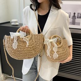 Evening Bags Woven Straw Circular Handle Handbags And Purses Bohemian Travel Beach For Women 2023 Hollow Crossbody Shoulder Bag
