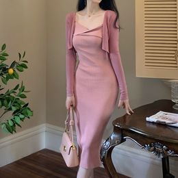 Two Piece Dress Sexy Elegant Pink Long Strap Korean Pieces Cropped Top and Set Vintage Casual Party Y2K 230331