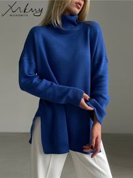 Women's Sweaters Autumn Winter Turtleneck Pulovers Side Split Knitted Jumpers Christmas Sweater Oversize Pull For 230331