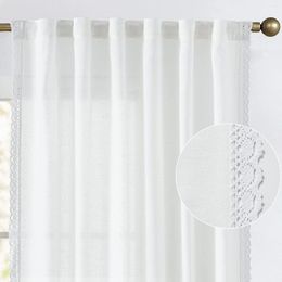 Curtain Rustic White Curtains With Lace Trim Linen For Living Room Rod Pocket Semi Sheer Light Filtering Bedroom