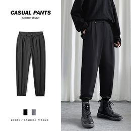 QNPQYX New Fashion Men's Harem Pants Elastic Waist Drape Pleated Casual Loose Ankle Length Tapered Trousers Black Gray