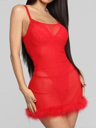 Casual Dresses Perspective Classic Style Fashion Party Mesh Clothes Sexy Faux Feather Trim Hem Sling Bodycon Bandage Short Clubwear
