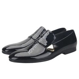 Dress Shoes New Black Patent Leather Loafers With Gold Buckle Handmade Moccasins For Party And Wedding Classical Men's Dress Shoes
