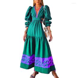 Casual Dresses Long Lantern SleeveHigh Waist Corset Swing Maxi Dress Streetwear Women Fashion Elegant V Neck Bohemian