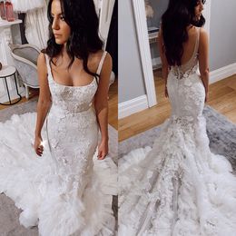 Vintage Mermaid Wedding Dresses for bride 3D-Floral Appliques Pearls Lace Wedding Dress Illusion Button Back robe de mariee bridal gowns