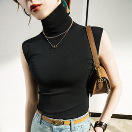 Women's Tanks Cami Slim Turtleneck Basic Tank Tops Female Mesh Camis Sleeveless Black T shirts Pullovers For Spring Autumn 230331