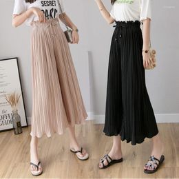 Women's Pants Wide Leg Straight High Waist Summer Drooping Ice Silk Chiffon Pleated Loose Nine Points Casual Women Trousers R472