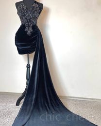 ASO EBI BLACK ARABIC SHORT PROM DRESS BEADED CRYSTALS 레이스 저녁 공식 파티 두 번째 리셉션 생일 약혼 가운 드레스 Robe de Soiree ZJ ES