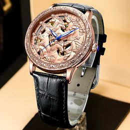 Wristwatches Luxury Automatic Mechanical Watch For Men Horse Carving 3D Engraved Dial Luminous Waterproof Hollow Skeleton Man Gold Wristwatc