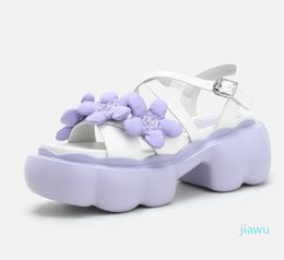 Sandals Womens Lolita Flowers Peep Toe Gothic Punk Platform Shoes Creepers Japanese Harajuku Belt Buckle Black White 2023