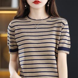 Women's T-Shirt Summer Women's Vintage Stripe T-shirt South Korea Full Matching Hollow Fashion Short Sleeve O-Neck Loose Relaxed Knitted Lacquer Top 230331