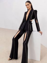 Women's Two Piece Pants Women Balck Blazer Two-Piece Set Sexy V Neck Hollow Out Diamond Long Sleeve Flare Suit Club Party Evening Wear