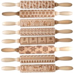 Baking Moulds Wood Christmas Printing Rolling Pin Wooden Carvings Embossing Elk Snowflake Tree Snowman Cookies Crafts 230331