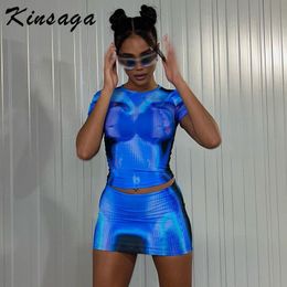 Two Piece Dress Sexy Y2K 3D Body Print Skirts Set Women Short Sleeve Crop Top Blue Co Ord Matching Streetwear Pink Bodycon Baddie Outfits 230331