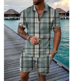 Men's Tracksuits Mens Summer Polo T-shirt Sets Male Stripes lattice Pattern Slim Polo Suit 3D-Printed Causal Polo Shirt with Collar Zipper W0322