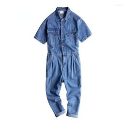 Men's Jeans 2023 Summer Thin Overalls Men's Denim Jumpsuit Polo Neck Short Sleeve Loose Blue Hip Hop Fashion Versatile Pants