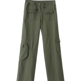 Women's Pants Capris PUWD Leisure Women's Green High Waist Straight Pants Summer Fashion Women's Full Set Women's Pocket Polyester Pants 230331