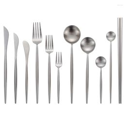 Dinnerware Sets Matte Silverware 18/10 Stainless Steel Dining Spoon Fork Knife Chopsticks Set Kitchen Round Handle Cutlery