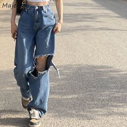 Women's Jeans Jean Hole Vintage Streetwear High Waist Korean Style Hiphop Stylish Wideleg Trouser Female Daily Teens Allmatch Trendy 230331