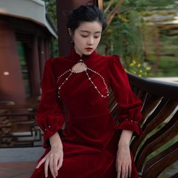 Ethnic Clothing Modern Cheongsam Bridal Toast Hand-beaded Engagement Evening Dress Female Wine Red Chinese Autumn Winter Velvet Qipao