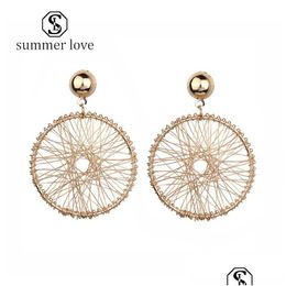 Stud Design Hollow Mesh Earrings For Women Gold Geometric Round Thread Winding Exaggerated Pendant Earring Korean Style Vale Dhgarden Dhdzj