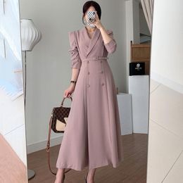 Women's Trench Coats Korean Dress Women Chic Autumn Temperament Lapel Double Button Long Waist Closing Sleeve Suit