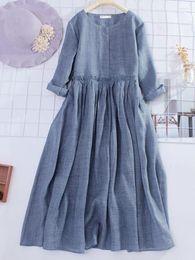 Casual Dresses 2023 Summer Japan Style Cotton Linen Long Sleeve O-Neck Drawstring Large Swing Solid Maxi Shirt Dress For Women