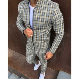 Men's Tracksuits Men' 3D Plaid Sports Suit Gentlemen Sets Jacket Men Set Tracksuit fitness Fashion Zipper 2 Pieces Men's Sets Sportswear Suit men W0322