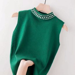 Women's Tanks Camis Beaded Half High Collar Vest Spring Autumn Bottomed Shirt Knit Slim Top Fashion Green Tops for 230331