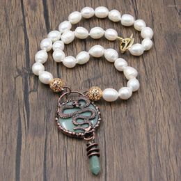 Pendant Necklaces GuaiGuai Jewellery Freshwater Cultured White Rice Pearl Necklace Aventurine Jades Vintage Bronze Handmade For Lady