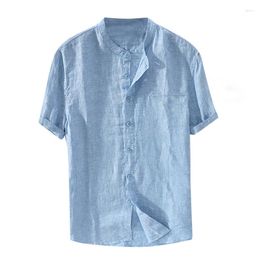 Men's Casual Shirts Men's Short Sleeve Cotton Linen Solid Colour Loose Shirt Blouse Button Down Tops O-neck Beach