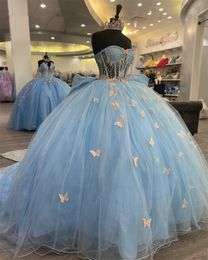 2023 Light Blue Tulle Quinceanera Dresses With Butterflies Bow Sweetheart Ball Gown Sweet Sixteen Prom Party Gowns vestidos de 15