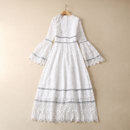 Spring White Deep V-Neck Panelled Lace Dress Flare Sleeve Solid Color Long Maxi Casual Dresses S2N221459