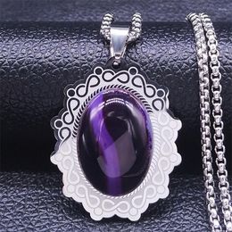 Pendant Necklaces 2023 Boho Stainless Steel Purple Natural Stone Flower Pendants Women Silver Colour Jewellery Collar N2220S04