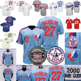 Camisa do Montreal Expos Patch do Hall da Fama de Vladimir Guerrero 2000 Azul Vermelho Malha Cinza Botão Fãs Pulôver Riscas