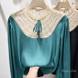 Women's Blouses 2023 Korean Fashion Stand-Collar Gauze Beaded Drawstring Patchwork Pullover Long Sleeve Chiffon Shirt Women's Spring