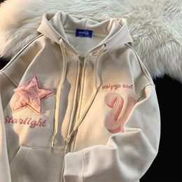 Women's Hoodies Letter Embroidery Zip Up Hoodie Fashion High Street Hip Hop Star Flocking Women Clothing Loose Sweatshirt Clothes Tops