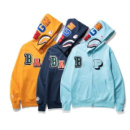 Mans Hoodie Bathing shark Ape logo multi fonts shark full zip hoodie light blue