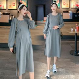 Maternity Dresses 9022# Autumn Korean Fashion Cotton Long Party Dress Elegant Bodycon Slim Clothes For Pregnant Women Pregnancy